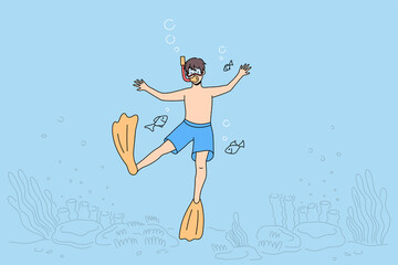Boy child in scuba and swim fins snorkeling under water in sea. Happy kid in swimwear diving in ocean. Active summer vacation or holiday. Marine entertainment. Flat vector illustration.  - obrazy, fototapety, plakaty