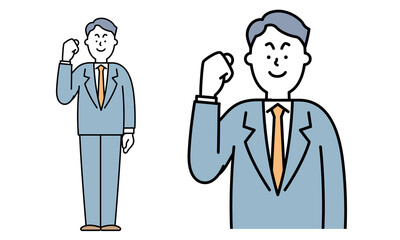 ガッツポーズをしているスーツ姿の男性のバストアップのイラスト素材。