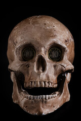 A dummy of a human skull with 10 RMB coins inserted into its eye sockets