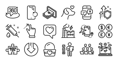 Electricity factory, Phone survey and Pets care line icons set. Secure shield and Money currency exchange. Medical syringe, Download arrow and Touchscreen gesture icons. Vector