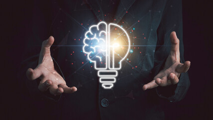 Hand holding light bulb half brain, Smart thinking inspiration idea innovation brainstorm and...