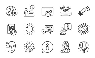 Science icons set. Included icon as Idea, Face attention, Air balloon signs. Sun energy, Nurse, Wifi symbols. Internet document, Quick tips, Coronavirus. World medicine, Medical syringe. Vector