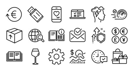 Usb flash, Exchange currency and Education line icons set. Secure shield and Money currency exchange. Service, International &ETH;&iexcl;opyright and Bordeaux glass icons. Vector