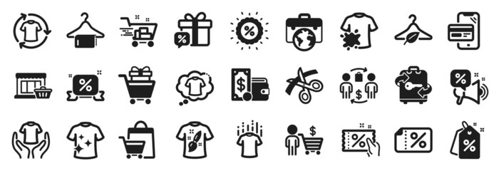 Set of Fashion icons, such as Discount tags, Change clothes, T-shirt design icons. Discounts ribbon, Online shopping, Wallet money signs. Shopping trolley, Discounts offer, Sale gift. Vector