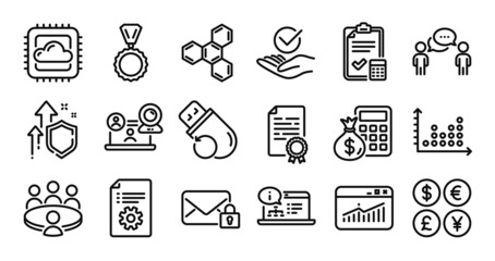 Cloud computing, Dot plot and Website statistics line icons set. Secure shield and Money currency exchange. Online documentation, Video conference and Meeting icons. Vector