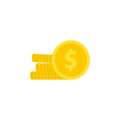 One gold dollar coin standing against a background of stacked gold coins isolated on a white background. Flat vector illustration
