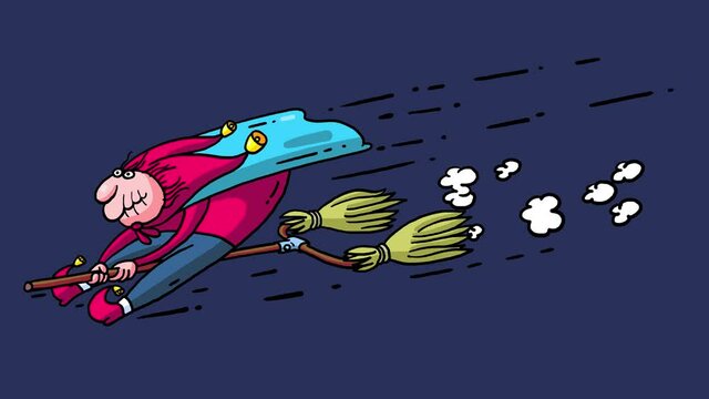 Old woman fast flying on broom with two turbo engines. Isolated cartoon crazy doodle character animation. Seamless loop, alpha channel.