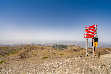 Information sign with names of the peaks on the way to Veleta, Sierra Nevada National Park,...