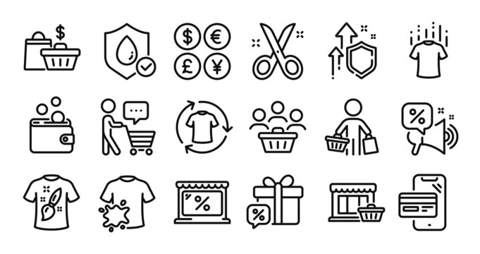 Wallet money, Dry t-shirt and Buyer think line icons set. Secure shield and Money currency exchange. Sale bags, Buyer and Dirty t-shirt icons. Discounts offer, Scissors and Buyers signs. Vector