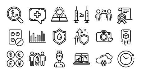Partnership, Snow weather and Time change line icons set. Secure shield and Money currency exchange. Doctor, Sun energy and Social distancing icons. Vector