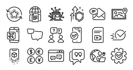 Video file, Teamwork questions and Flight mode line icons set. Secure shield and Money currency exchange. Augmented reality, Cogwheel and Loyalty points icons. Vector