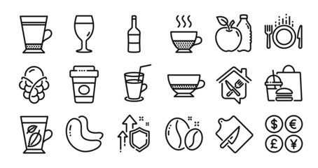 Coffee beans, Doppio and Ice cream line icons set. Secure shield and Money currency exchange. Cocktail, Beer glass and Takeaway coffee icons. Cashew nut, Latte and Food delivery signs. Vector