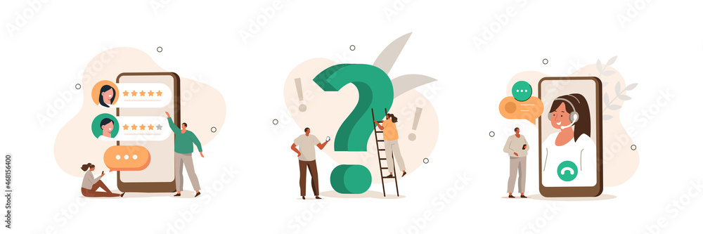 Poster customer support illustration set. characters asking a questions, receiving answers from helpdesk op