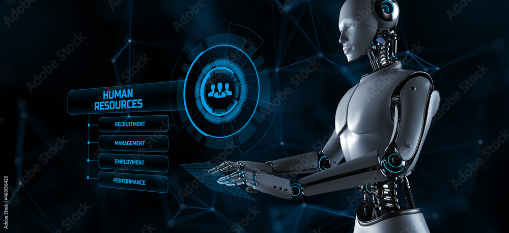 Poster hr human resources automation rpa. robot pressing button on screen 3d render.