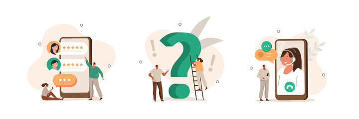Customer support illustration set. Characters asking a questions, receiving answers from helpdesk operator, sharing user experience and giving customer feedback. Vector illustration.
