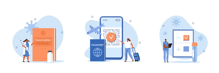 Travel in pandemic illustration set. Characters showing vaccination passport, digital vaccination certificate with qr code and negative coronavirus test.  Vector illustration. - obrazy, fototapety, plakaty