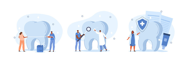 Dental care illustration set. Doctor dentist and medical staff taking care about patients teeth. Professional teeth cleaning, oral hygiene and whitening concept. Vector illustration.
