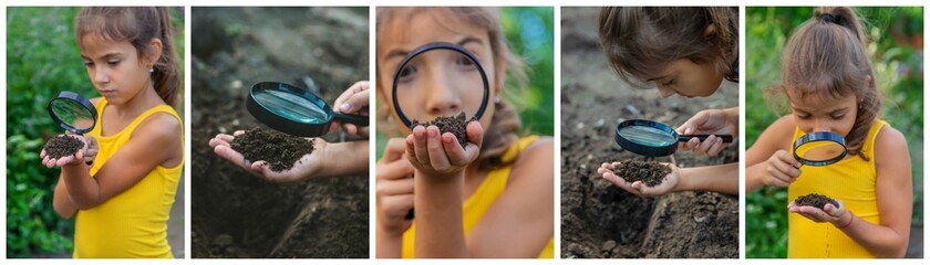 Collage child explores the soil with a magnifying glass. Selective focus.