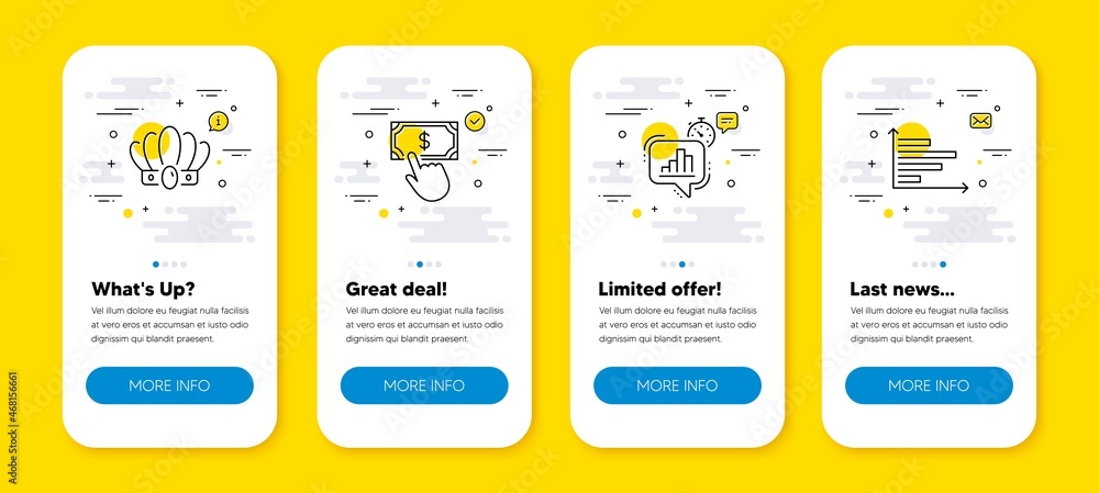 Poster vector set of crown, payment click and statistics timer line icons set. ui phone app screens with li