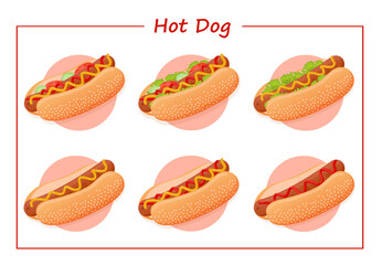 Set of American delicious hot dogs with different ingredients such as sausage, mustard, ketchup, lettuce, tomatoes, cucumbers and sesame seed bun for advertising, web. illustration of fast food