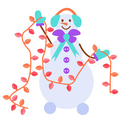 Cute snowman untangles garlands. Christmas banner. Vector illustration in a flat cartoon style