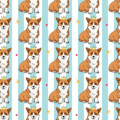 Seamless pattern with cute hand drawn corgi, crowns and stars on light blue and white striped background. Vector dog illustration. Endless texture with cartoon dogs for your design