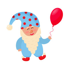 Cute gnome with balloon. Gnome in jumpsuit and hat is smiling.