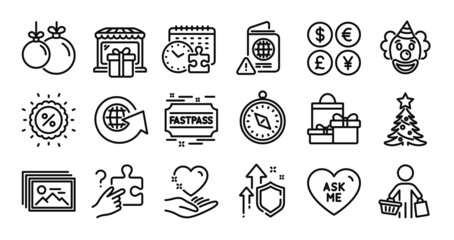 Gift shop, Search puzzle and Puzzle time line icons set. Secure shield and Money currency exchange. Buyer, Hold heart and Christmas tree icons. Ask me, Shopping and Discount signs. Vector