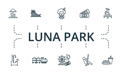 Fototapeta premium Luna Park icon set. Collection of simple elements such as the child train, castle, 13, tickets, roller coaster, fastfood.