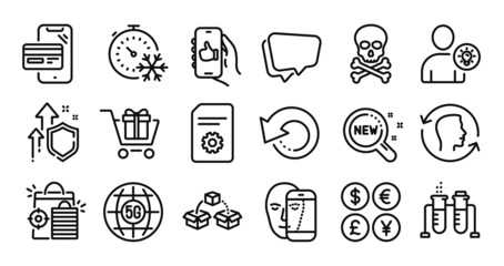 User idea, Freezing timer and Parcel shipping line icons set. Secure shield and Money currency exchange. Face id, Face biometrics and Shopping cart icons. Vector