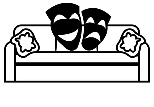 Teatro y diversi&oacute;n desde el sof&aacute; o casa. S&iacute;mbolo o icono de sof&aacute; de tres plazas con dos cojines en trazo negro sobre fondo blanco y el icono del teatro o espect&aacute;culos