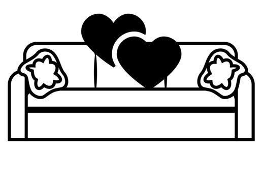Amo el sof&aacute;. Me gusta quedarme en casa. S&iacute;mbolo o icono de sof&aacute; de tres plazas con dos cojines en trazo negro con dos corazones sobre fondo blanco