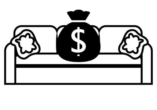 Trabajar desde casa. Ganar dinero desde casa. S&iacute;mbolo o icono de sof&aacute; de tres plazas con dos cojines en trazo negro sobre fondo blanco
