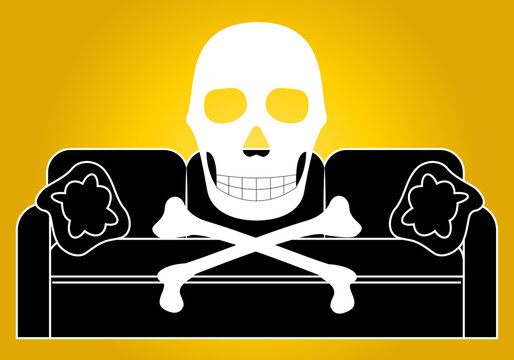 La vida sedentaria es muerte. S&iacute;mbolo de la calavera sobre el  s&iacute;mbolo o icono de sof&aacute; de tres plazas con dos cojines en trazo negro sobre degradado amarillo