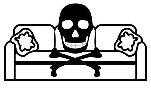 La vida sedentaria es muerte. S&iacute;mbolo de la calavera sobre el  s&iacute;mbolo o icono de sof&aacute; de tres plazas con dos cojines en trazo negro sobre fondo blanco
