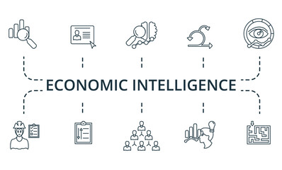 Economic Intelligence icon set. Collection of simple elements such as the crm, business intelligence, media plan, concentration, personal growth, debate, corporate responsibility.