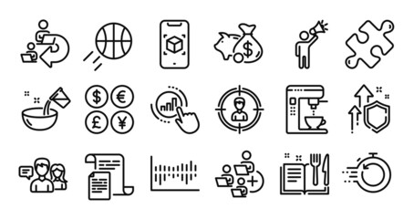 Graph chart, Augmented reality and Delegate work line icons set. Secure shield and Money currency exchange. Add team, Documents and Column diagram icons. Vector