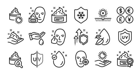 Sun protection, Face cream and Skin care line icons set. Secure shield and Money currency exchange. Problem skin, Sun cream and Water drop icons. Uv protection, Vitamin e and Wash hands signs. Vector