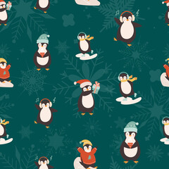 Seamless Pattern with cute Christmas penguins and snowflakes. Vector winter illustration in flat style