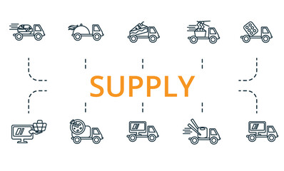 Supply icon set. Collection of simple elements such as the food delivery, noodle delivery, cake delivery, electronics delivery, sports food delivery, online order.