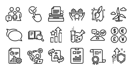 Technical algorithm, Typewriter and Ranking line icons set. Secure shield and Money currency exchange. Windmill turbine, Chemistry lab and Search book icons. Vector