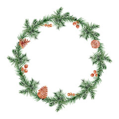 Isolated watercolor Christmas wreath hand drawn on white background