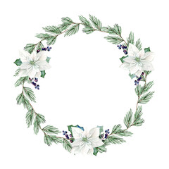 Isolated watercolor Christmas wreath hand drawn on white background - 468158093