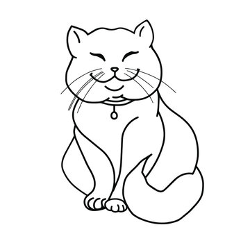 Cartoon cat. Satisfied cat sits with closed eyes. British cat. Design element. Print for clothes, stationery. Children's print. Black and white vector illustration isolated on white background.