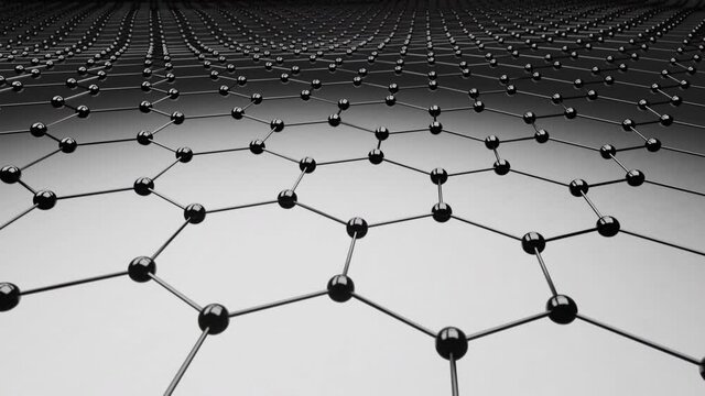 Abstract looped black and white 3d background made of shiny metal plastic atomic hexagonal lattice