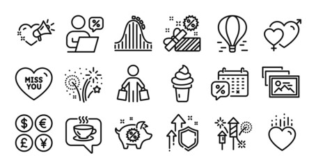 Online discounts, Fireworks and Love message line icons set. Secure shield and Money currency exchange. Discounts calendar, Miss you and Air balloon icons. Vector
