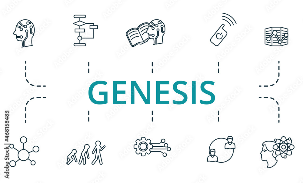 Aufkleber genesis icon set. collection of simple elements such as the evolution, clustering, algorithm, cognit