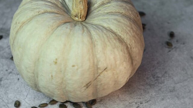 White fresh whole pumpkin close-up. Rotating food