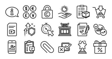 Video file, Checkbox and Winner line icons set. Secure shield and Money currency exchange. Sun protection, Smartphone statistics and Shop icons. Vector