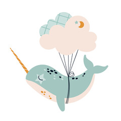 A narwhal flying on clouds. Isolated vector clipart. Cute whale for the nursery